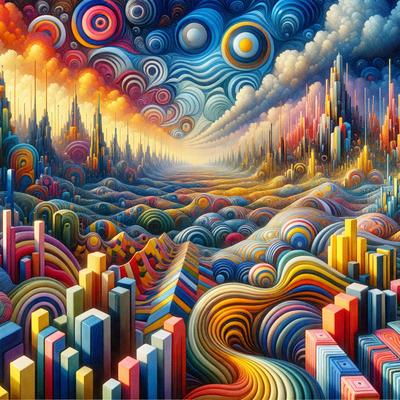 The primary subject of the image is a vibrant and colorful painting of a cityscape. The setting is a futuristic city with a mix of buildings and skyscrapers. The visual style is a combination of digital art and illustration, creating a dynamic and engaging scene. The colors and mood of the painting are lively and energetic, with a strong focus on the city's architecture and the interplay of light and shadow.